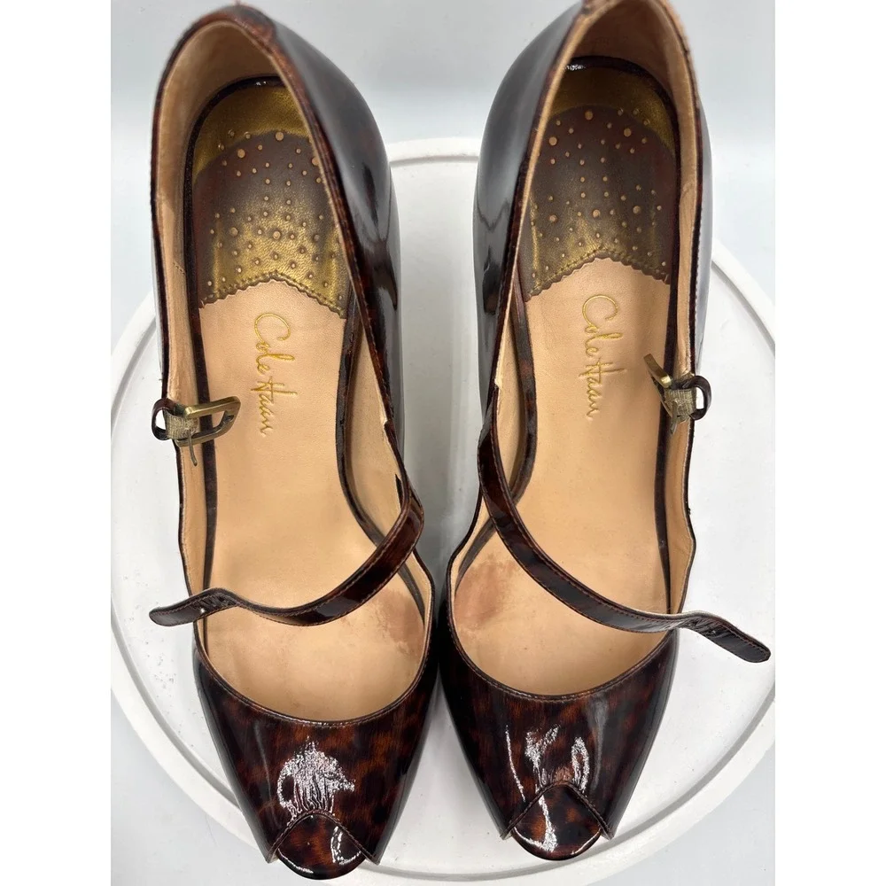 Cole Haan Nike Air Heels 9AA Brown Tortoiseshell Mary Jane Peep Toe Patent